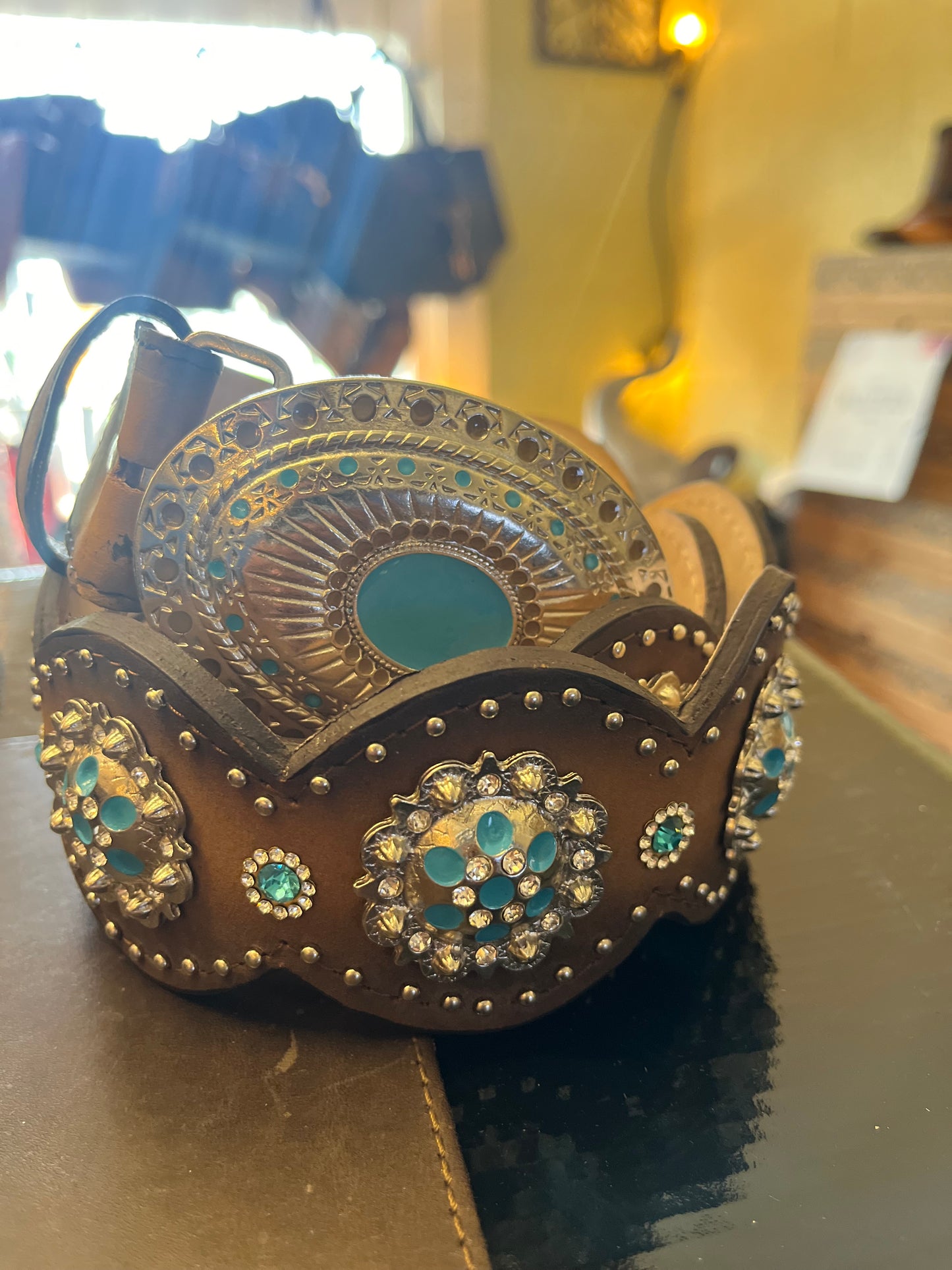 Shayanne Star Big Round Metallic Buckle, Conchos and Studs, Leather Belt - Size 34