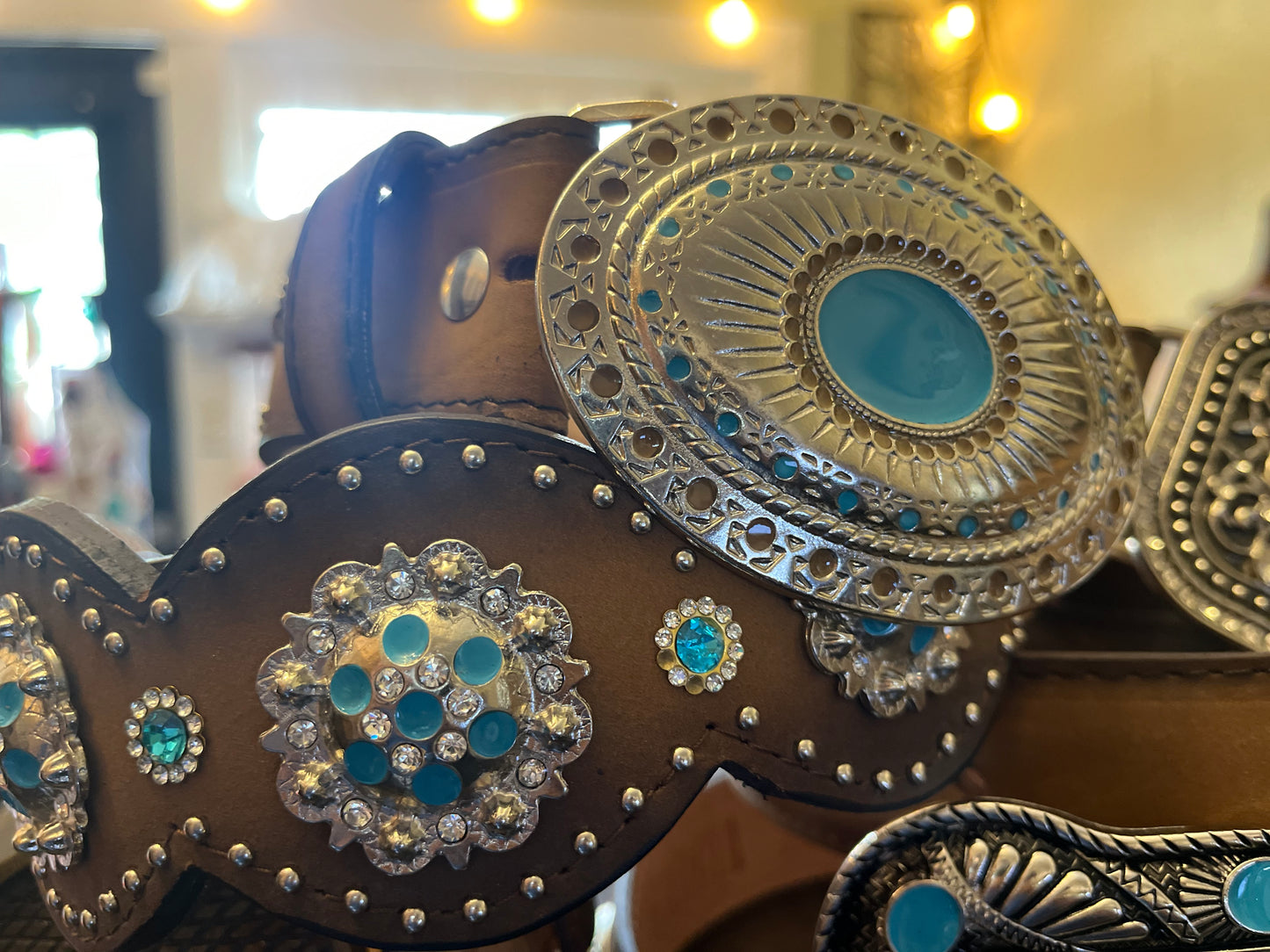 Shayanne Star Big Round Metallic Buckle, Conchos and Studs, Leather Belt - Size 34