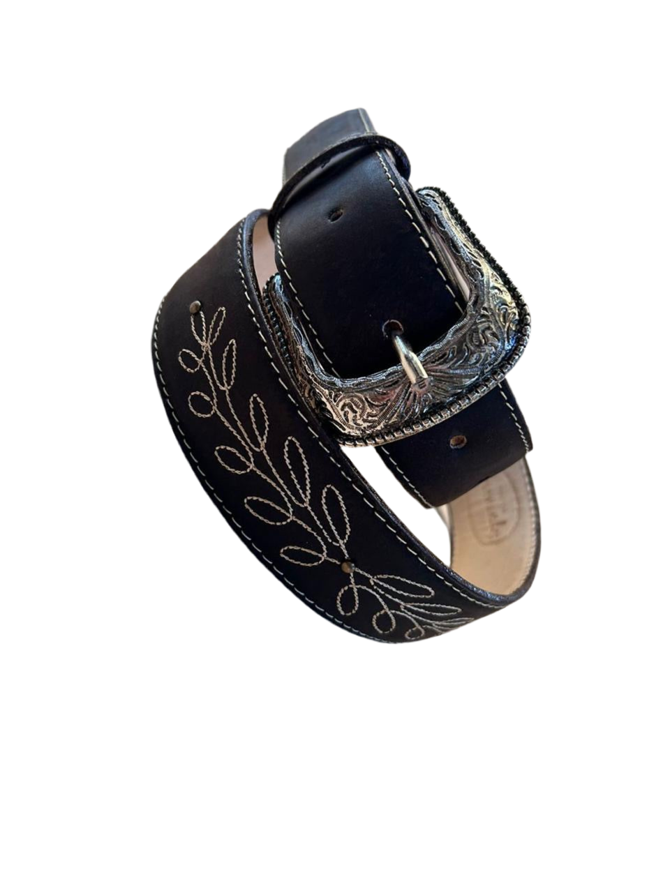 Black and Embroidered Leather Belt