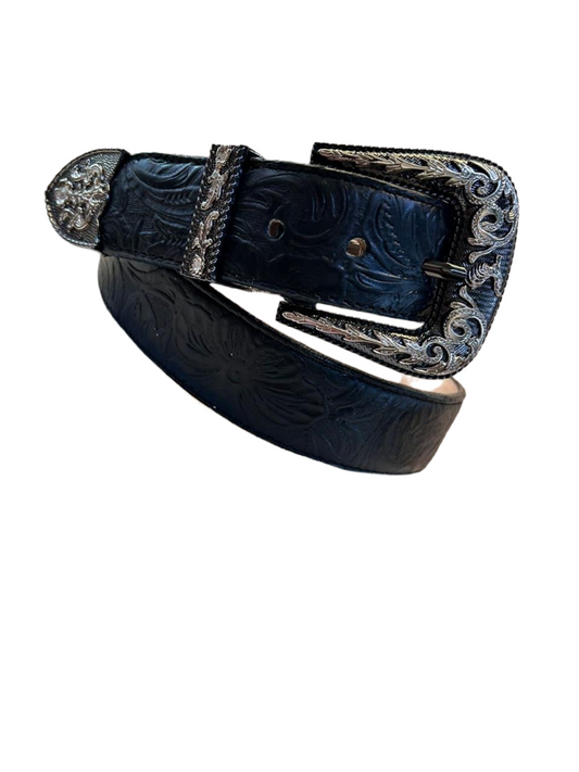 Black and Embroidered Leather Belt