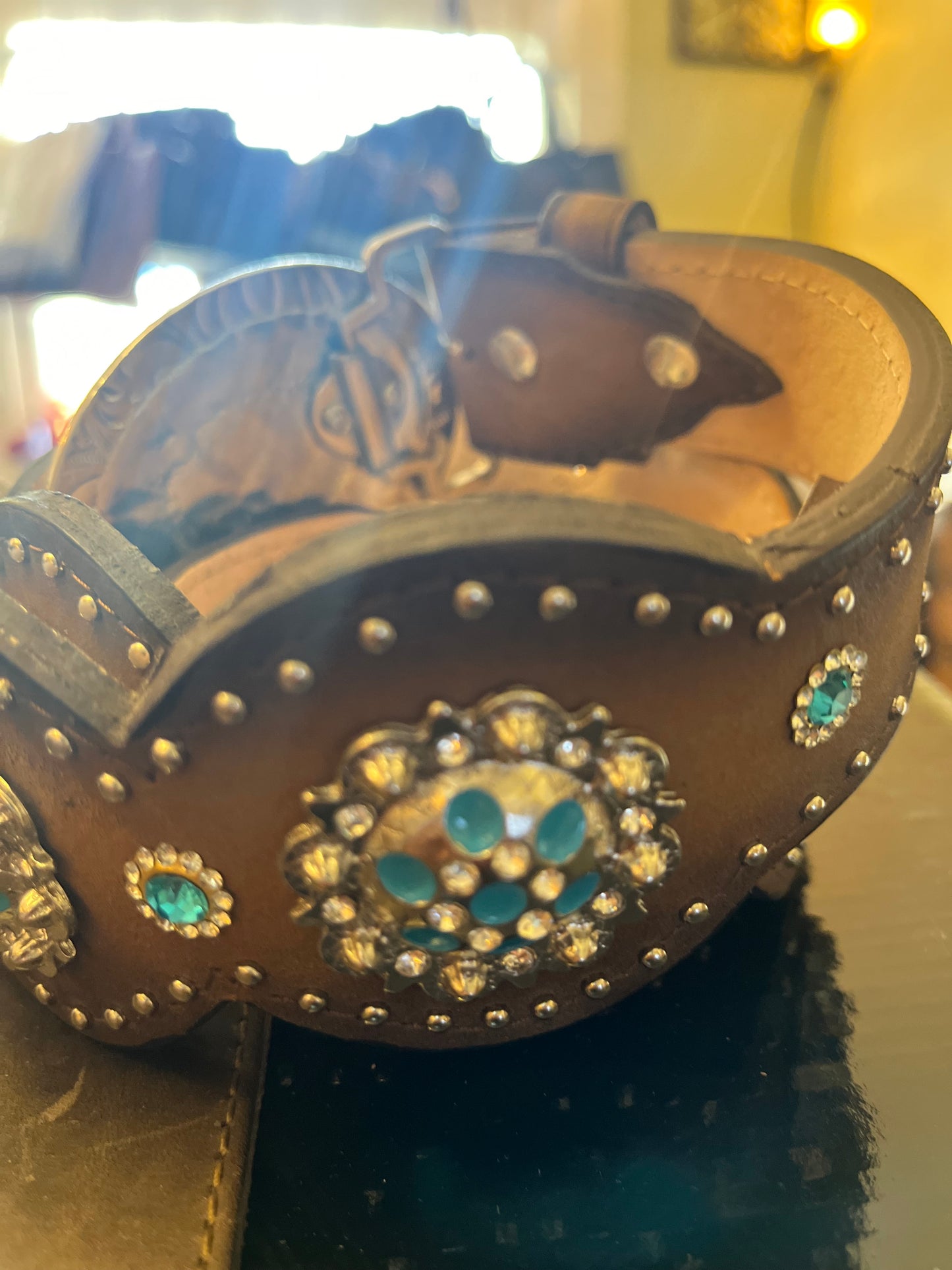 Shayanne Star Big Round Metallic Buckle, Conchos and Studs, Leather Belt - Size 34