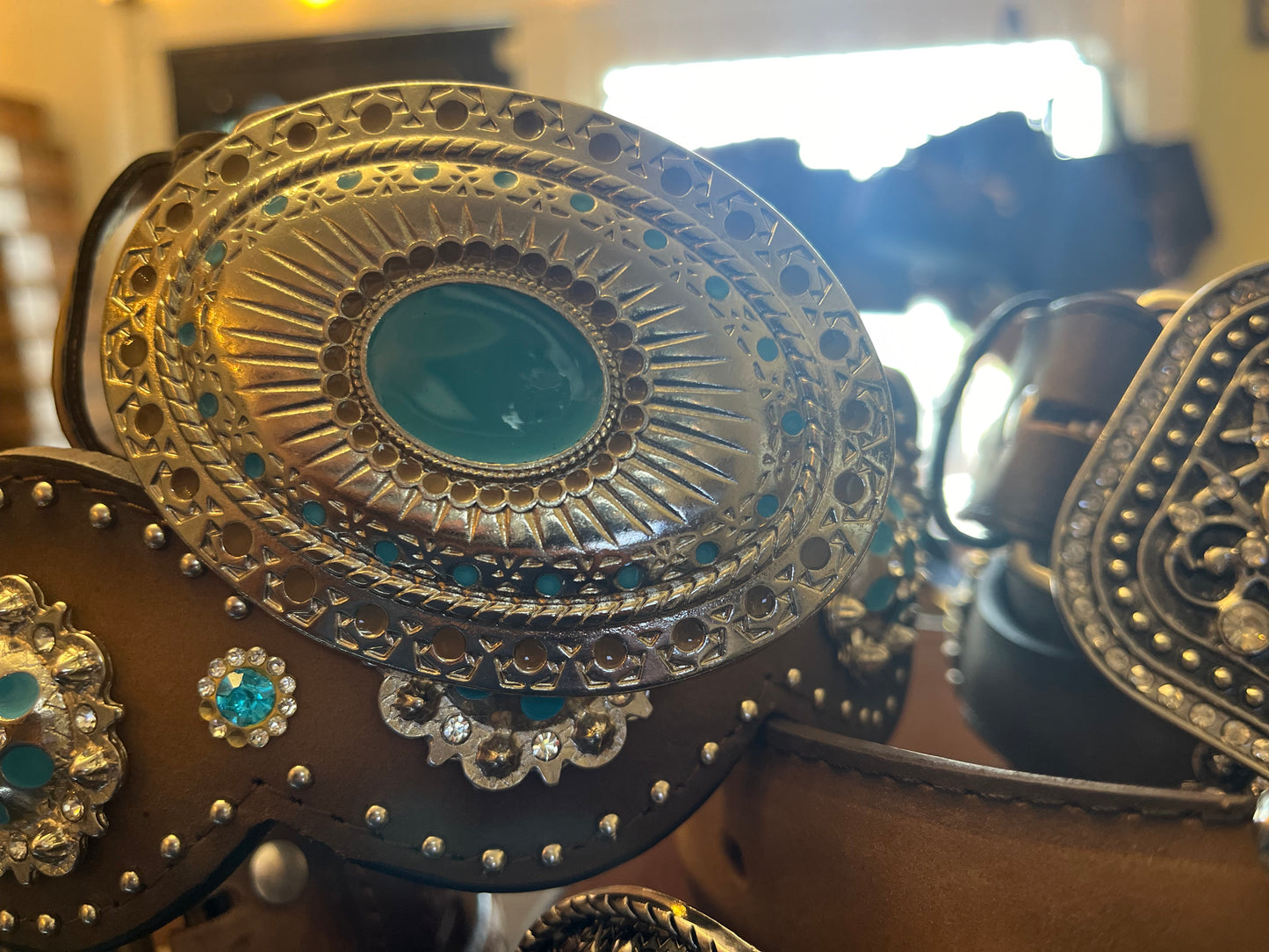 Shayanne Star Big Round Metallic Buckle, Conchos and Studs, Leather Belt - Size 34