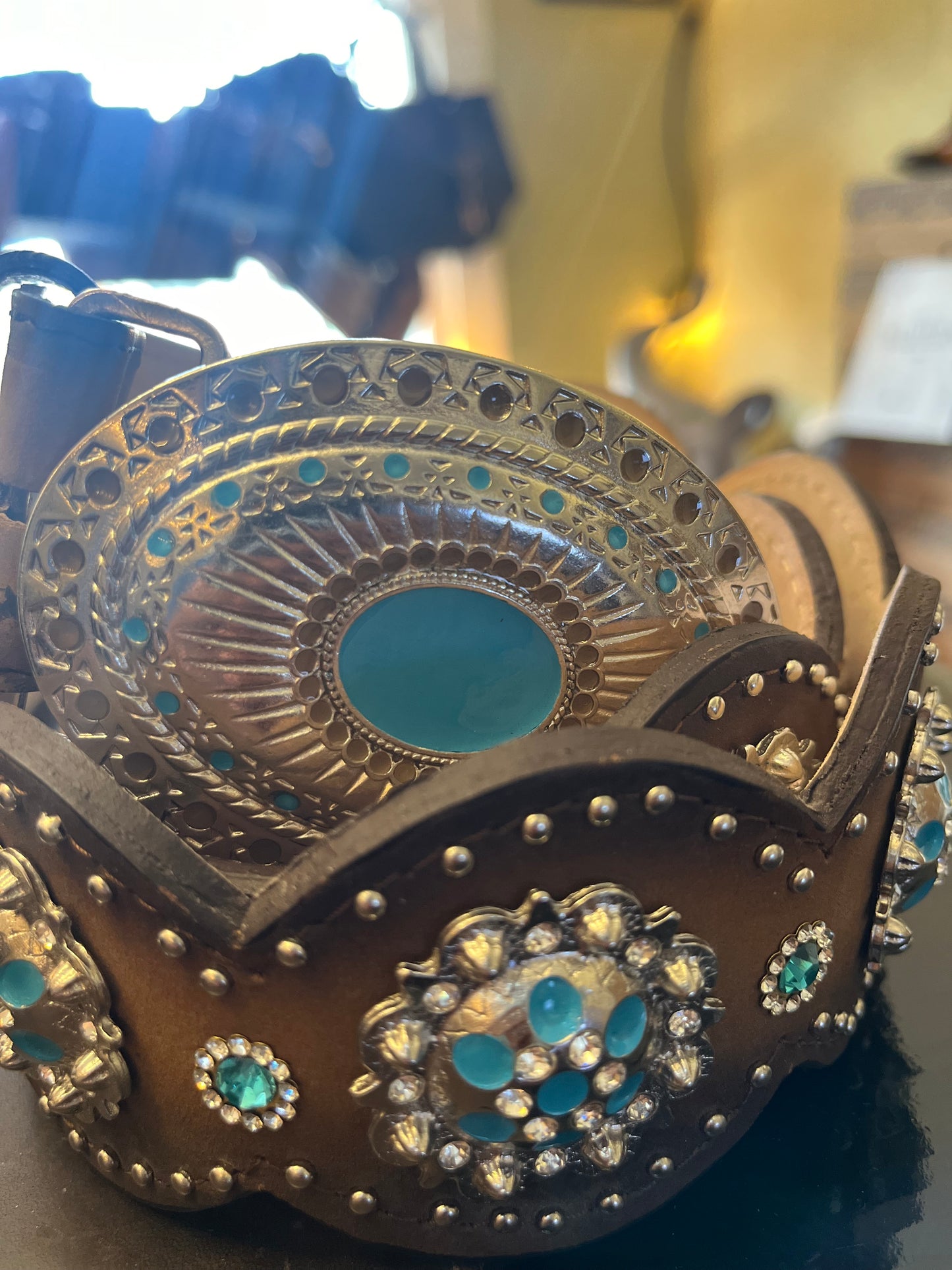 Shayanne Star Big Round Metallic Buckle, Conchos and Studs, Leather Belt - Size 34