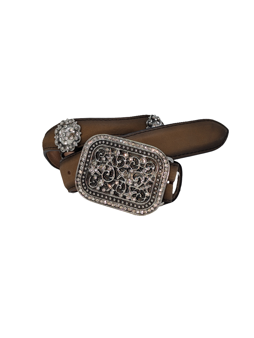 Square Buckle and Conchos Brown Leather Belt