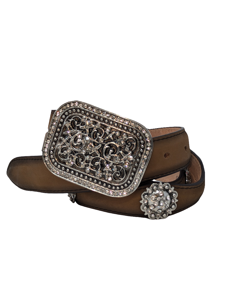 Square Buckle and Conchos Brown Leather Belt