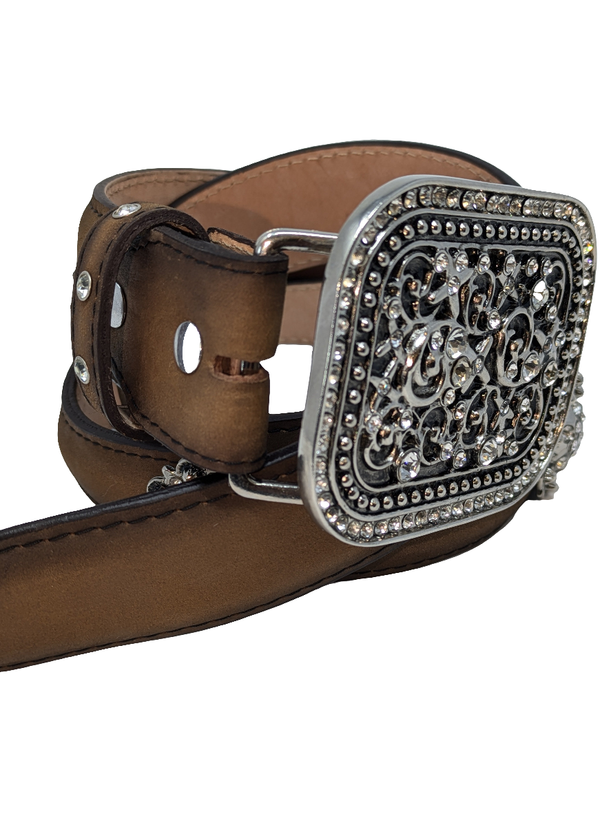 Square Buckle and Conchos Brown Leather Belt