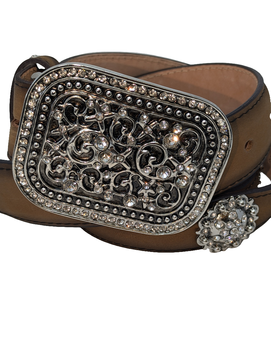 Square Buckle and Conchos Brown Leather Belt