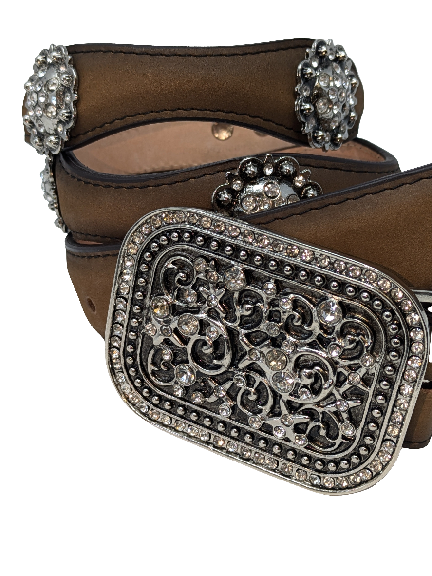 Square Buckle and Conchos Brown Leather Belt