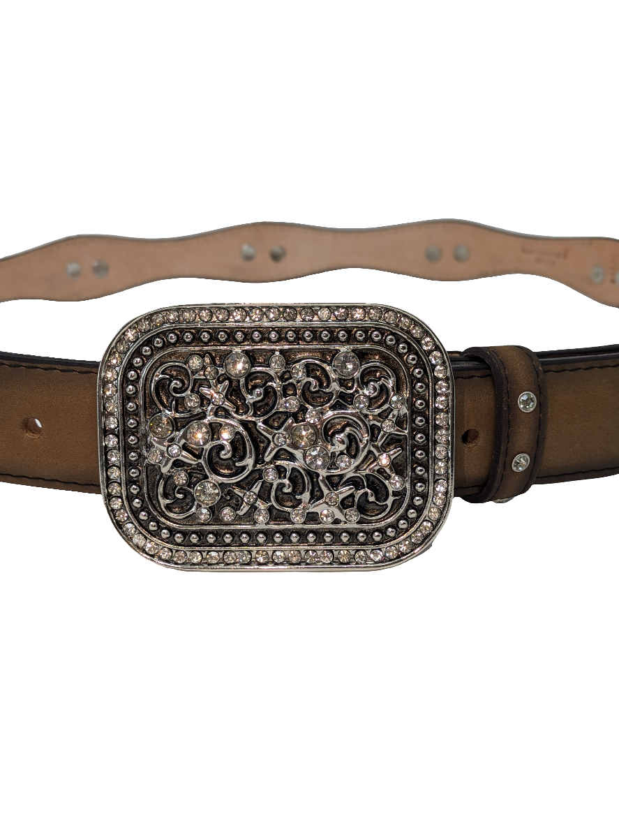 Square Buckle and Conchos Brown Leather Belt