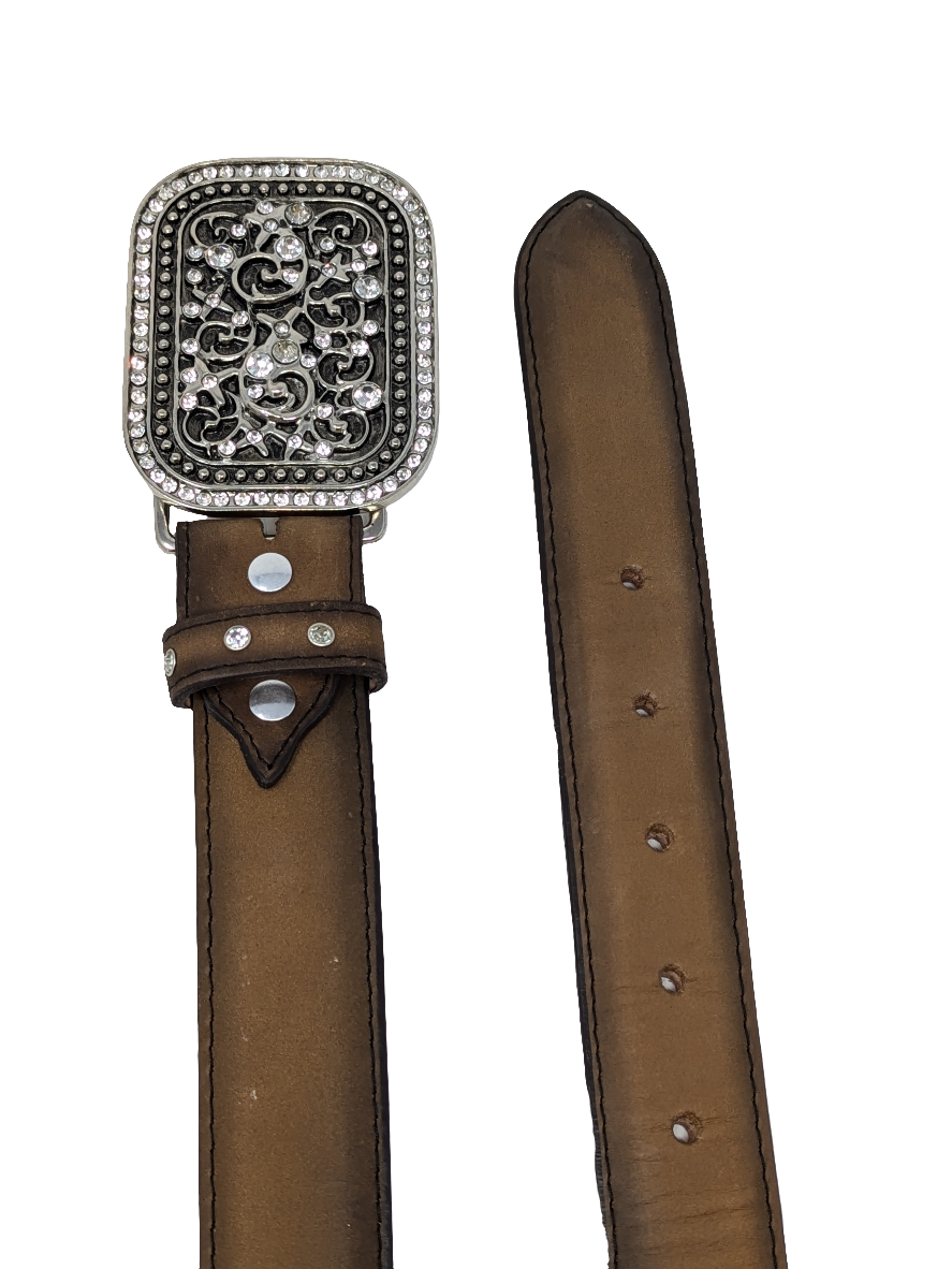 Square Buckle and Conchos Brown Leather Belt