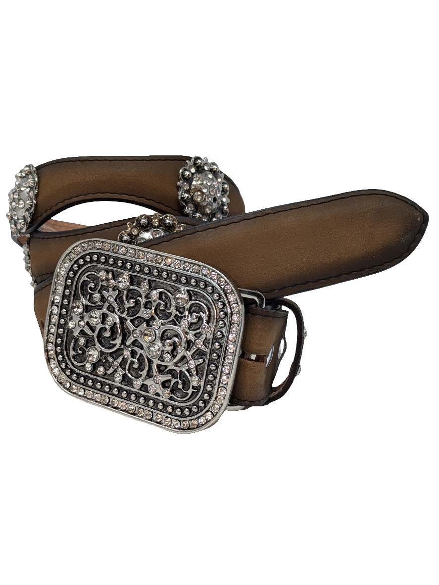 Square Buckle and Conchos Brown Leather Belt