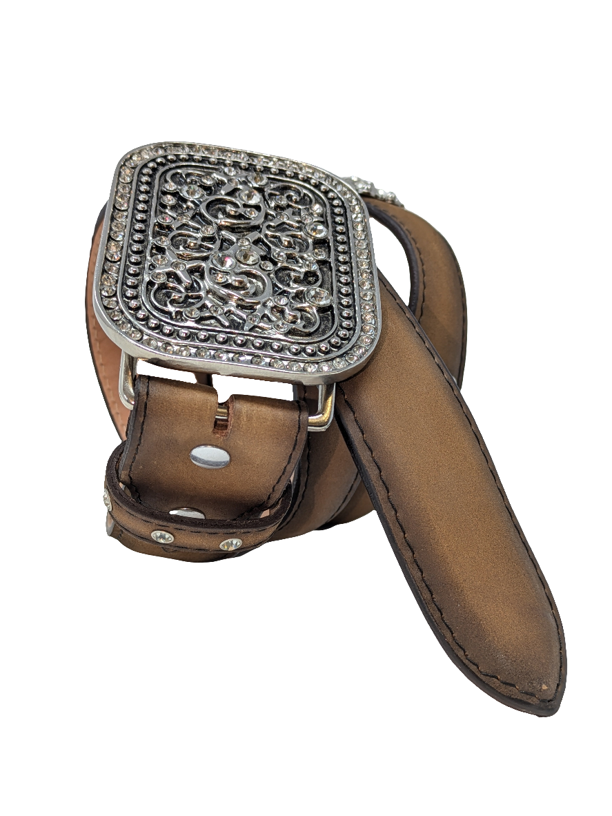 Square Buckle and Conchos Brown Leather Belt