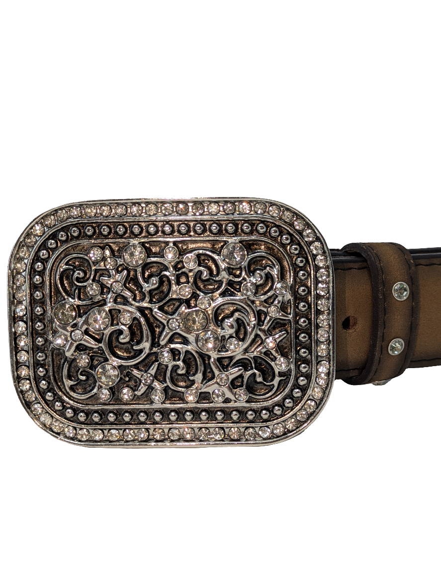 Square Buckle and Conchos Brown Leather Belt