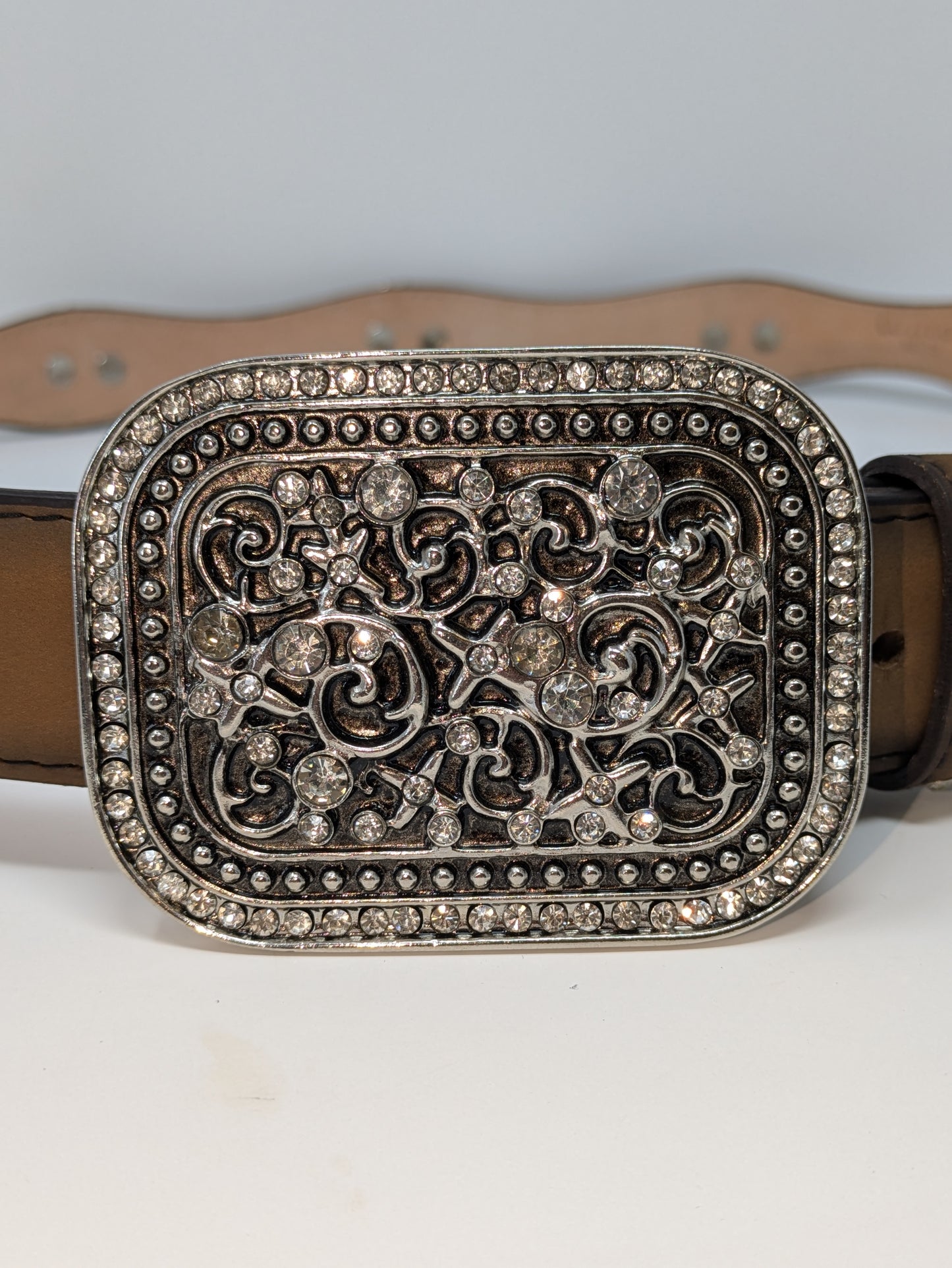 Square Buckle and Conchos Brown Leather Belt